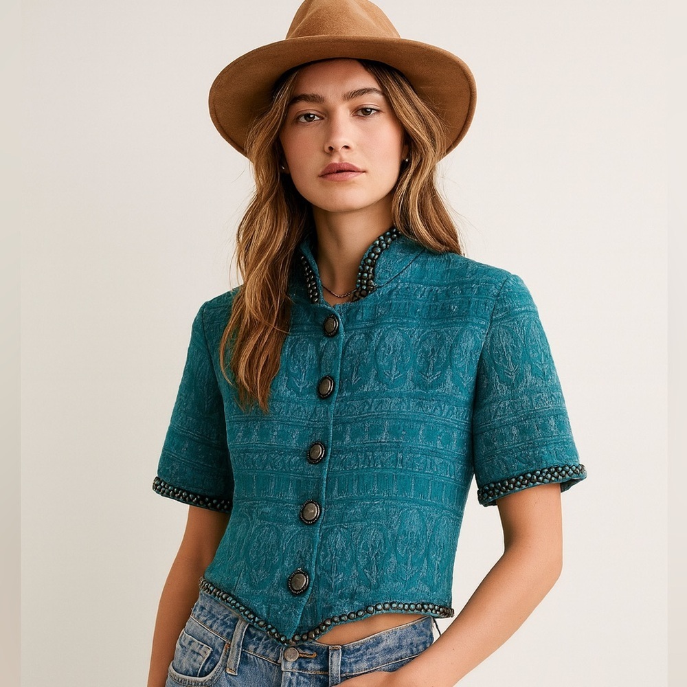 Teal Studded Embelished  Button Up
